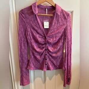 NWT Free People Flower Fields Glitter Lavender Lace Button Up - Size S